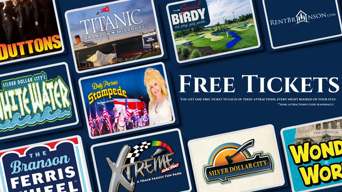 A playful graphic featuring attraction logos and text about free tickets, with colorful visuals that evoke the excitement of local entertainment and adventure. The image hints at nearby thrills like Silver Dollar City and Branson Landing, as mentioned in the text.